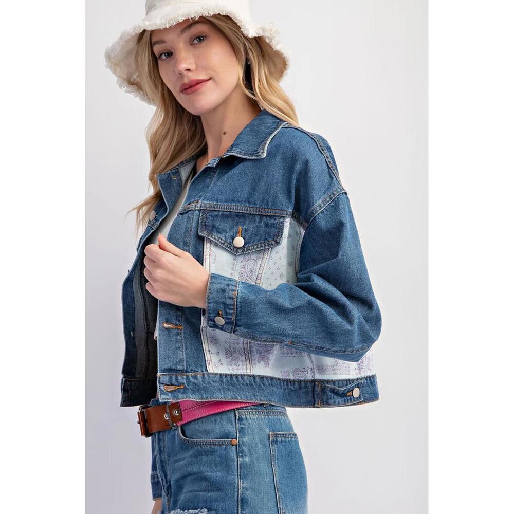 Easel-Small Patchwork Print Denim Jacket NWT - image 2